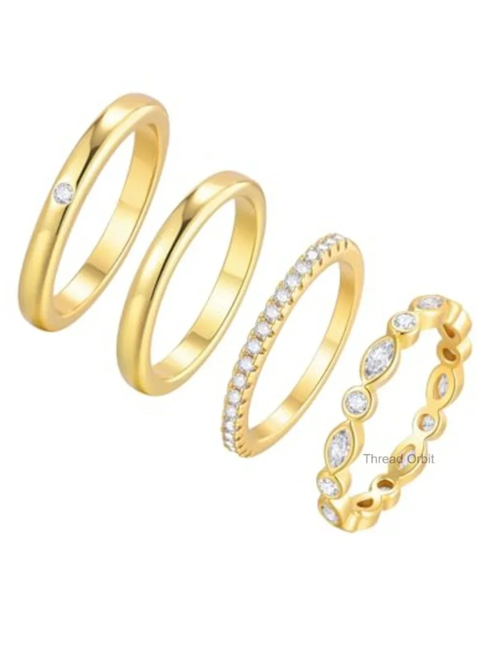 4-Piece Stackable Rings Set - Gold Plated Cubic Zirconia, Minimalist Everyday
